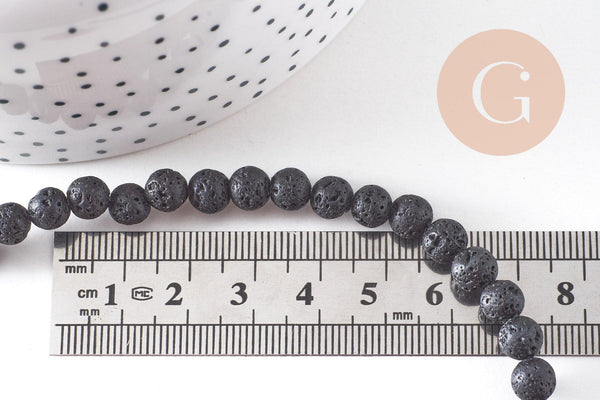 Perle ronde en lave noire naturelle 6mm, x1 fil de 39cm (G1571)