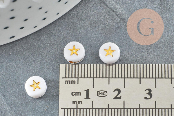 Perle ronde étoile dorée plastique blanc 7mm, x 10Gr (G3285)