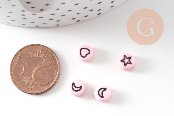 Perle ronde étoile nuage coeur lune plastique rose, x10 ou 50 grammes (G3284)