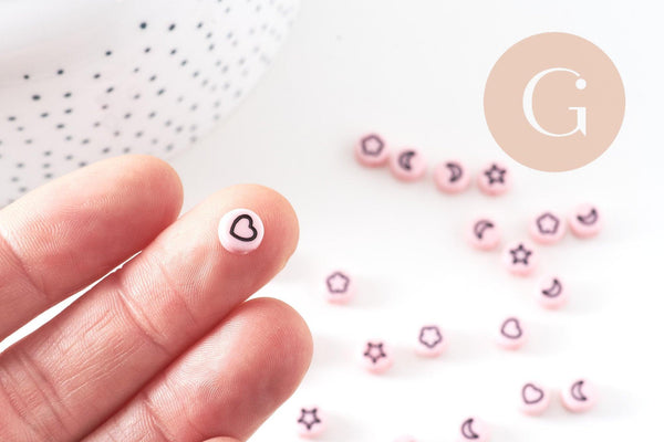 Perle ronde étoile nuage coeur lune plastique rose, x10 ou 50 grammes (G3284)