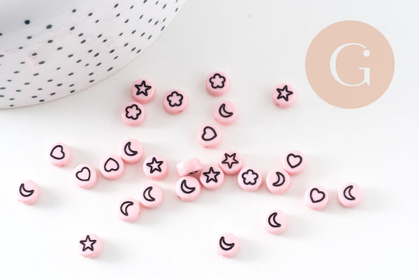 Perle ronde étoile nuage coeur lune plastique rose, x10 ou 50 grammes (G3284)