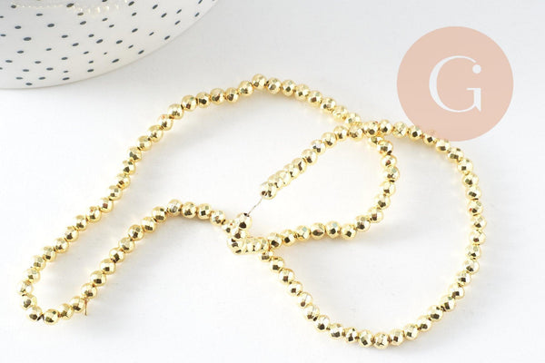 Perle ronde facette hématite dorée 4mm, perle hématite synthétique pierre, fil de 39cm, x1 (G6217)