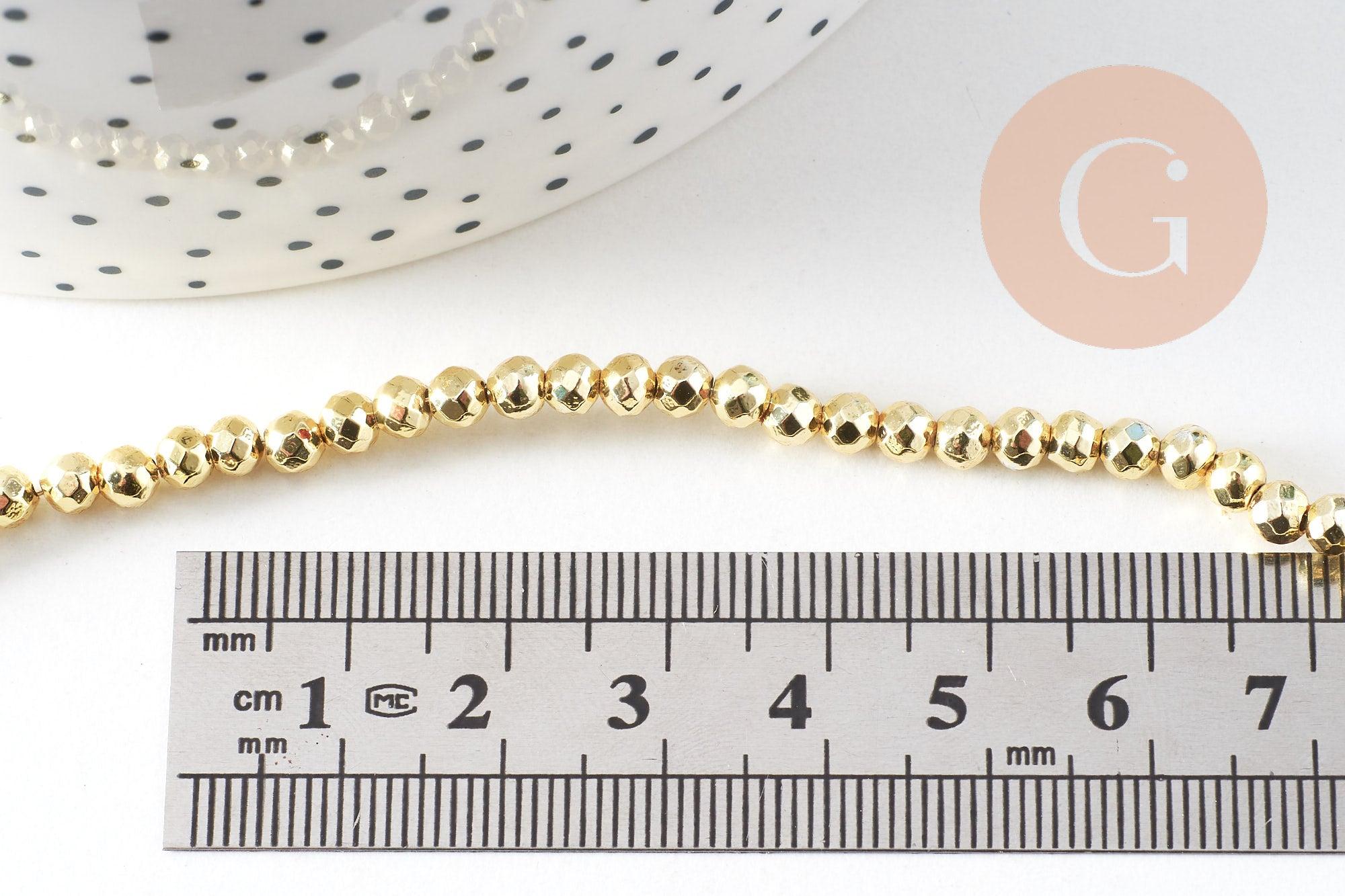 Perle ronde facette hématite dorée 4mm, perle hématite synthétique pierre, fil de 39cm, x1 (G6217)