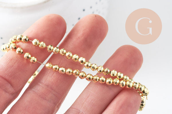 Perle ronde facette hématite dorée 4mm, perle hématite synthétique pierre, fil de 39cm, x1 (G6217)