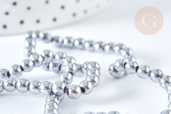 Perle ronde hématite de synthèse gris clair 4mm,DIY, x1 le fil de 39cm (G7402)