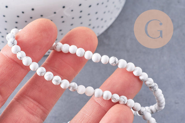 Perle ronde howlite blanche, pierre naturelle, howlite naturelle, perle pierre, 4mm, x1 fil de 38 cm (G3841)