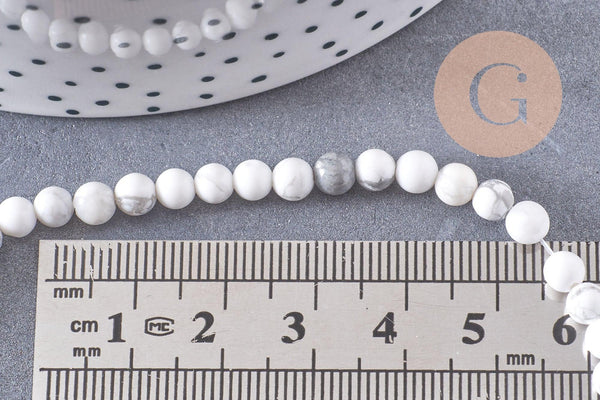 Perle ronde howlite blanche, pierre naturelle,howlite naturelle,perle pierre,4mm,fil de 19cm, x1 (G2448)