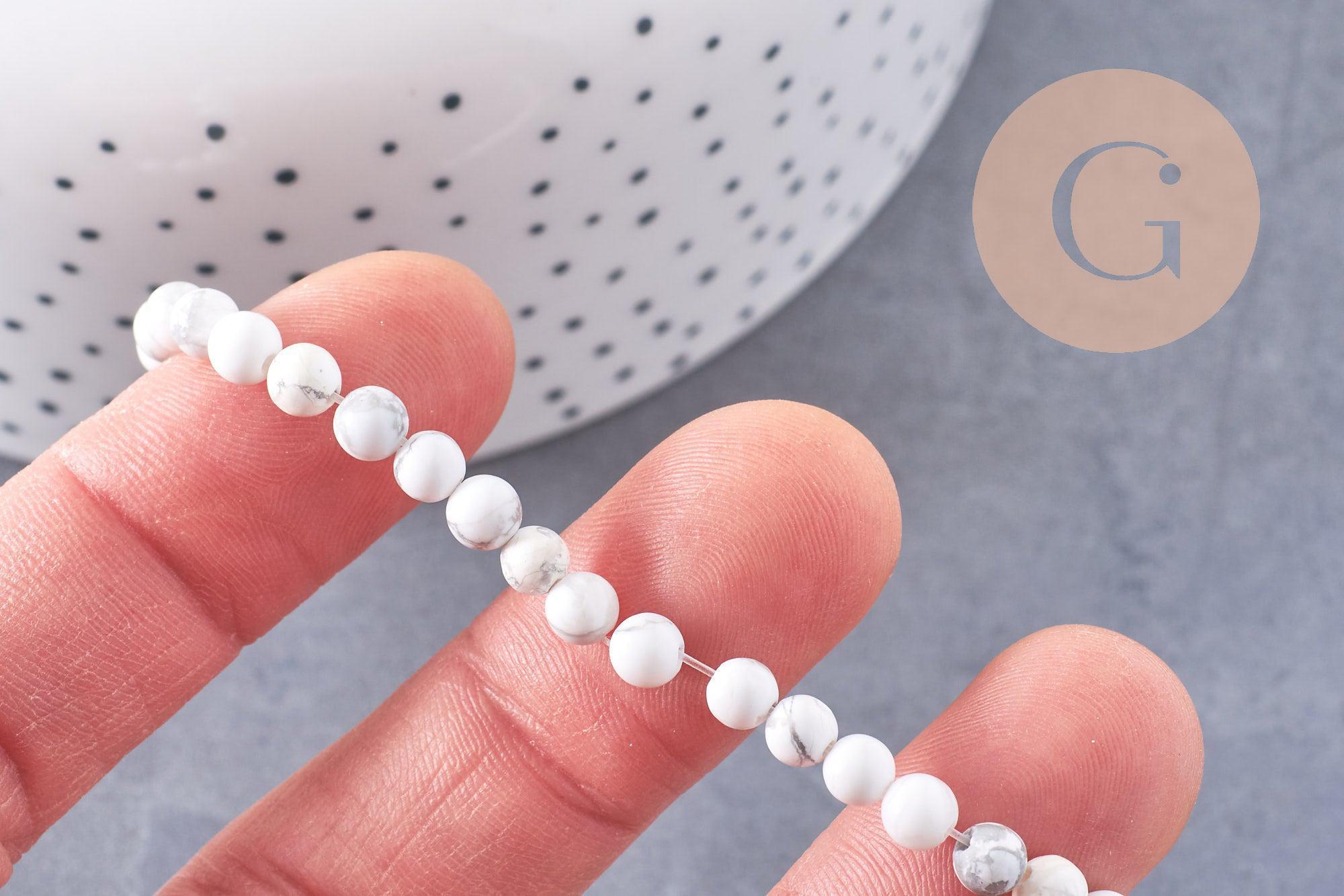 Perle ronde howlite blanche, pierre naturelle,howlite naturelle,perle pierre,4mm,fil de 19cm, x1 (G2448)