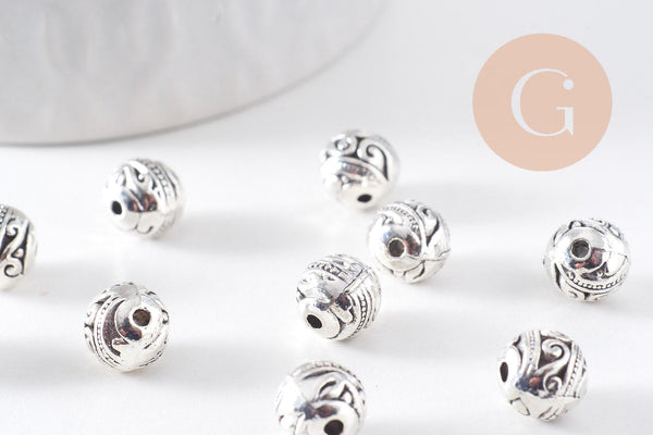 Perle ronde intercalaire zamac argent gravé 8mm, x10 (G10304)