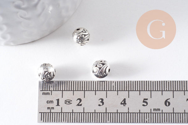 Perle ronde intercalaire zamac argent gravé 8mm, x10 (G10304)
