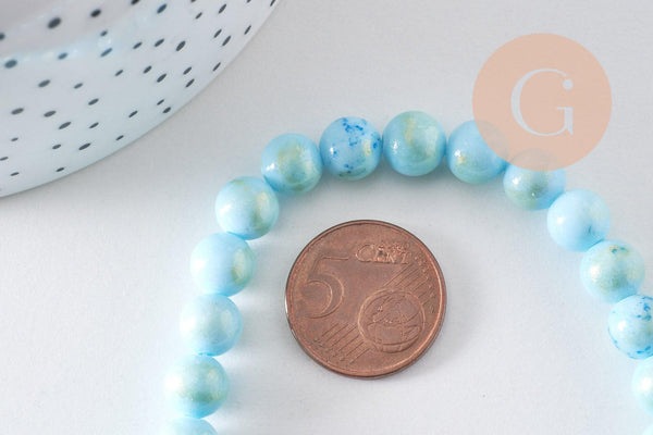 Perle ronde jade naturel turquoise et or 8mm, x1 fil de 40cm (G5211)