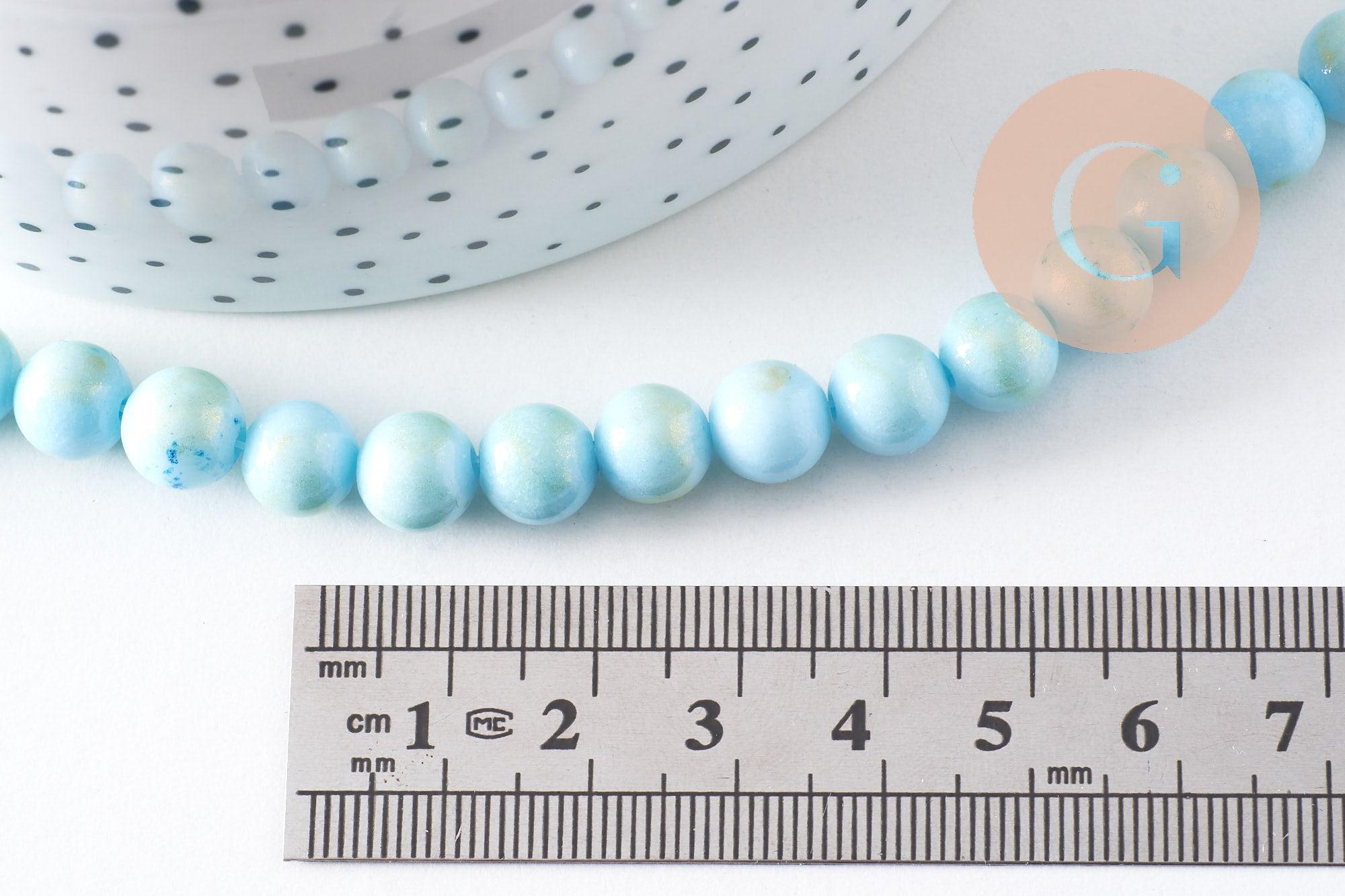 Perle ronde jade naturel turquoise et or 8mm, x1 fil de 40cm (G5211)