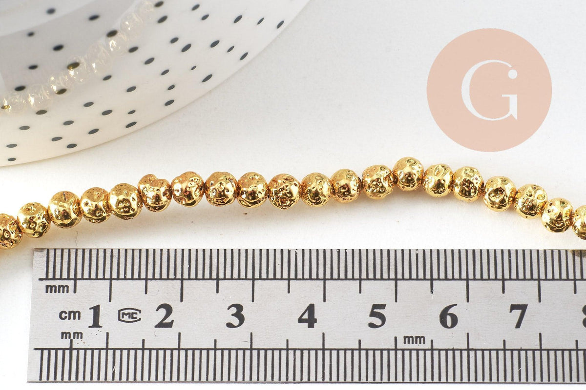 Perle ronde lave naturelle dorée 4mm, x1 fil de 39cm (G1543)