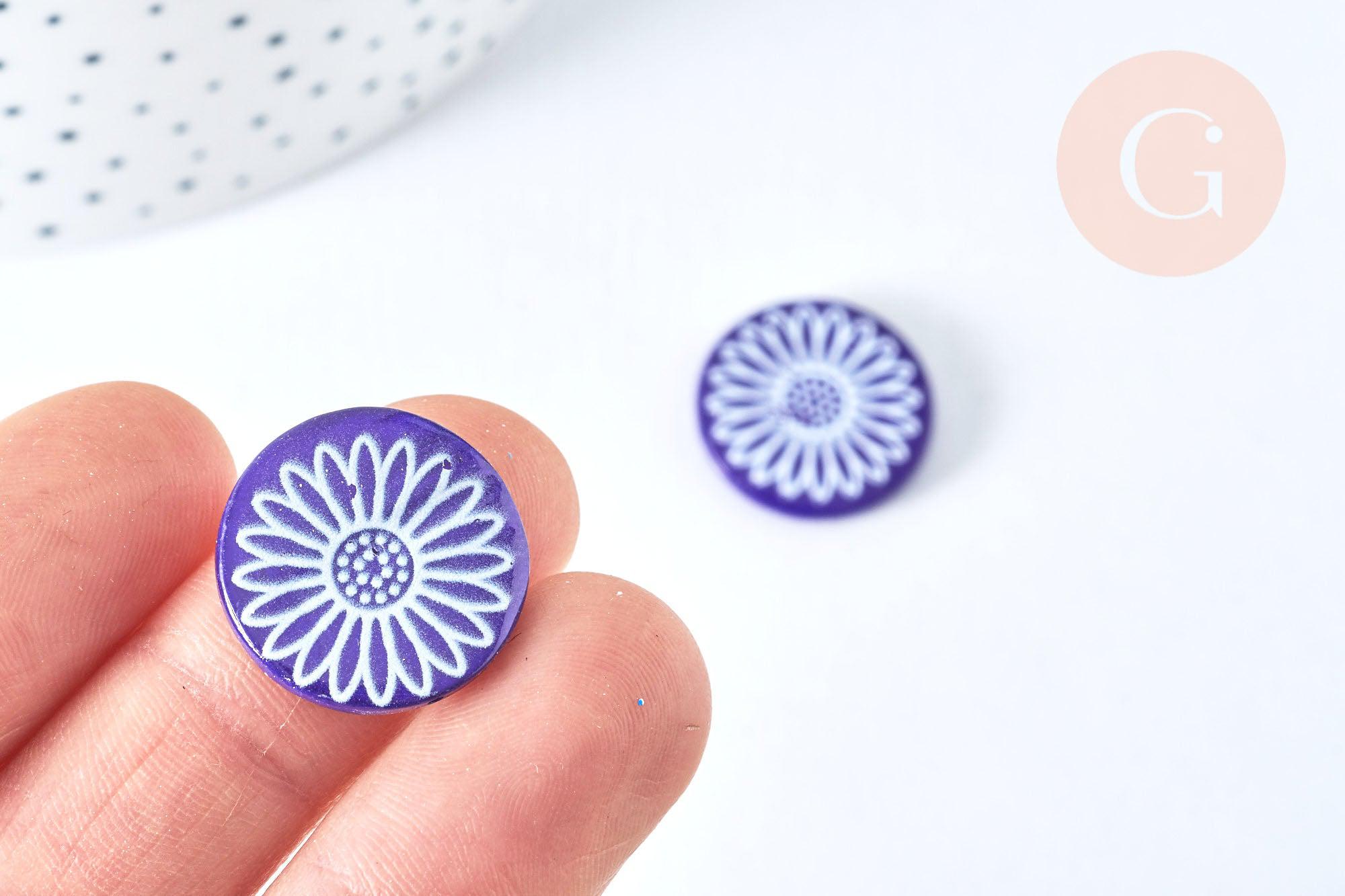 Perle ronde motif fleur marguerite bleue nacre 19.5mm, création bijou nacre, x1 (G6981)