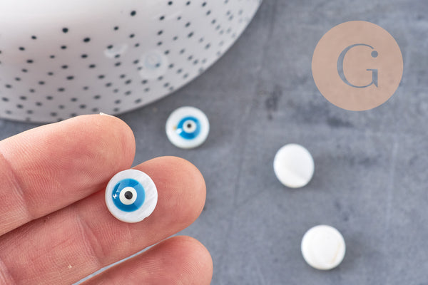 Perle ronde nacre blanche mauvais oeil 12mm, x10 (G4627)