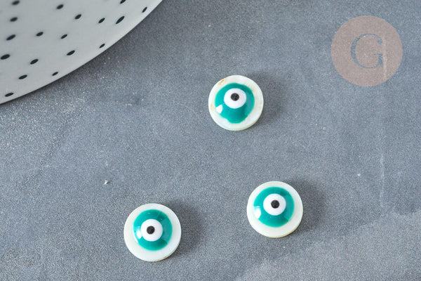 Perle ronde nacre naturelle blanche turquoise mauvais oeil 8.5-9mm, x10 (G1961)