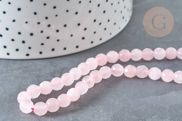Perle ronde quartz rose facetté 6mm, création bijoux pierre, fil de 38cm, x1 (G7287)