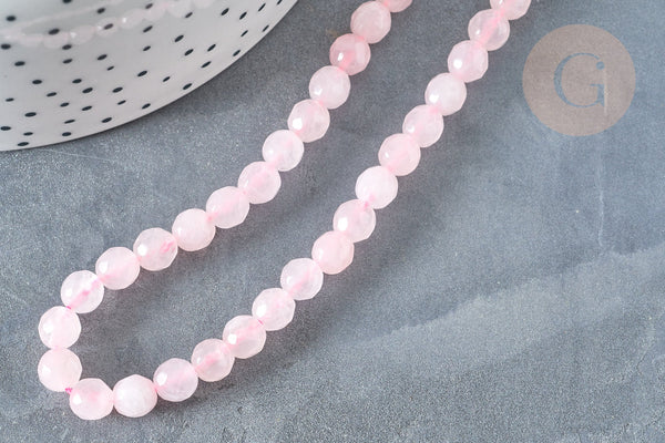Perle ronde quartz rose facetté 6mm, création bijoux pierre, fil de 38cm, x1 (G7287)