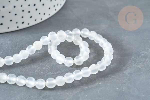 Perle ronde selenite blanche 6mm, pierre blanche naturelle, fil de 40cm, x1 G7331