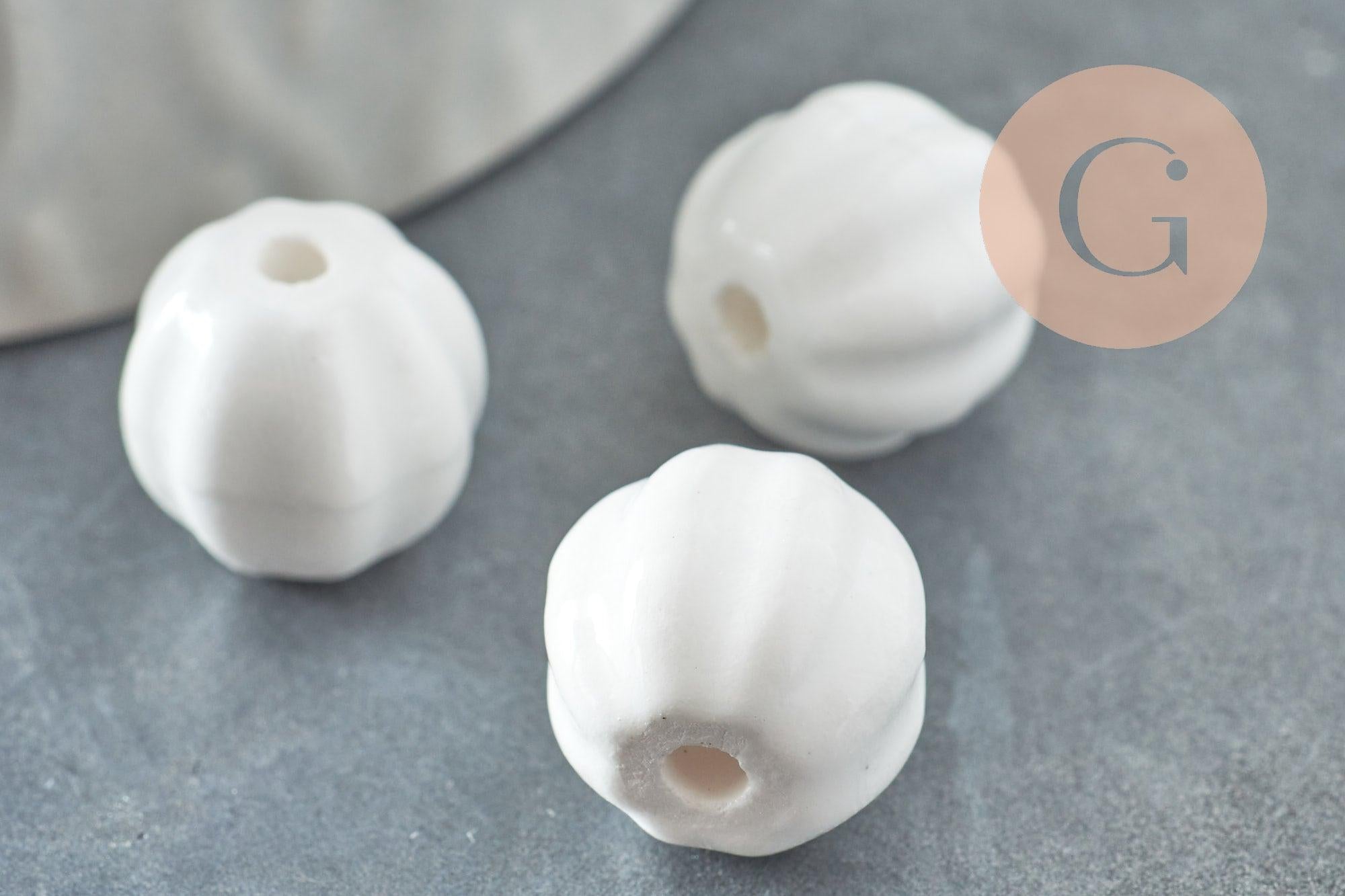 Perle porcelaine blanche 13mm, perle striées,perle céramique, céramique blanche, x10 (G7400)