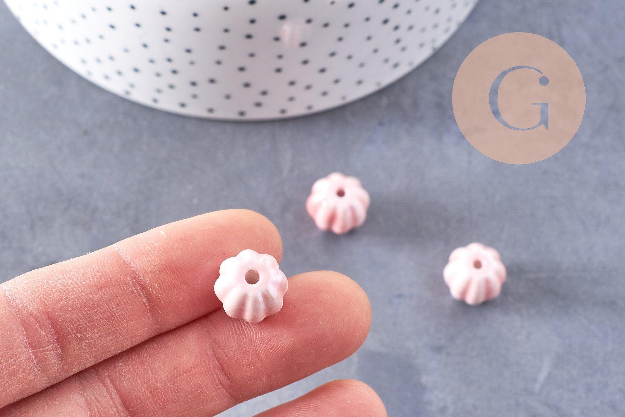 Perle ronde striée porcelaine rose irisée 13mm, x10 (G10217)