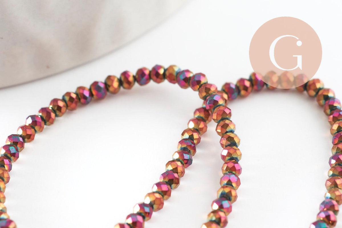 Perle ronde verre facettée multicolore pourpre irisée 2mm, x1 fil de 35cm (G7456)