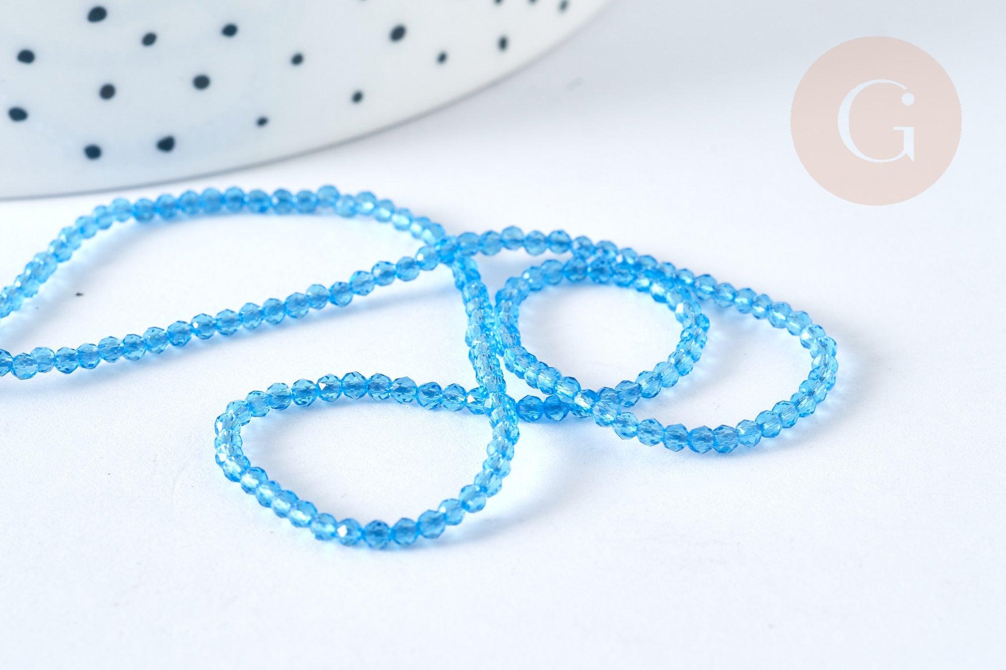 Perle ronde verre facettée transparente bleu ciel 2mm, DIY, le fil de 37cm (G7338)