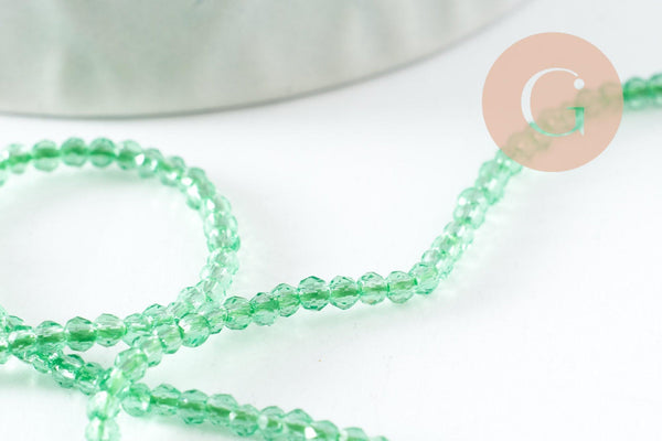Perle ronde verre facettée transparente vert clair 2mm, DIY, fil de 37cm, x1 (G7445)