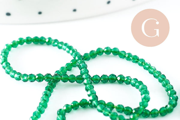 Perle ronde verre facettée transparente vert foncé 2mm, fourniture création de bijoux DIY, fil de 37cm, x1 (G7393)