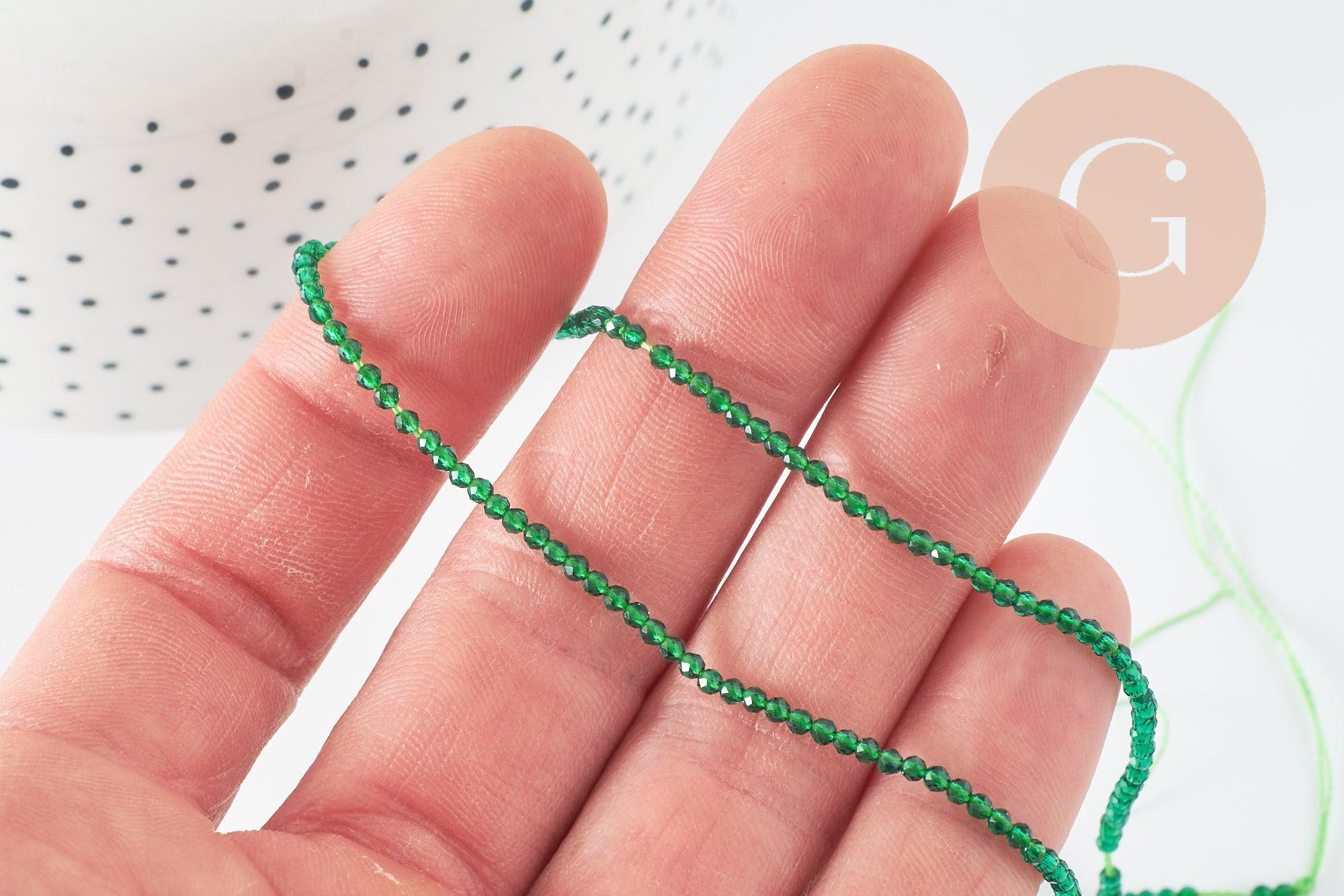 Perle ronde verre facettée transparente vert foncé 2mm, fourniture création de bijoux DIY, fil de 37cm, x1 (G7393)