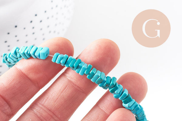 Perle rondelle carré turquoise naturelle5x5mm, x1 fil de 17cm (G4049)