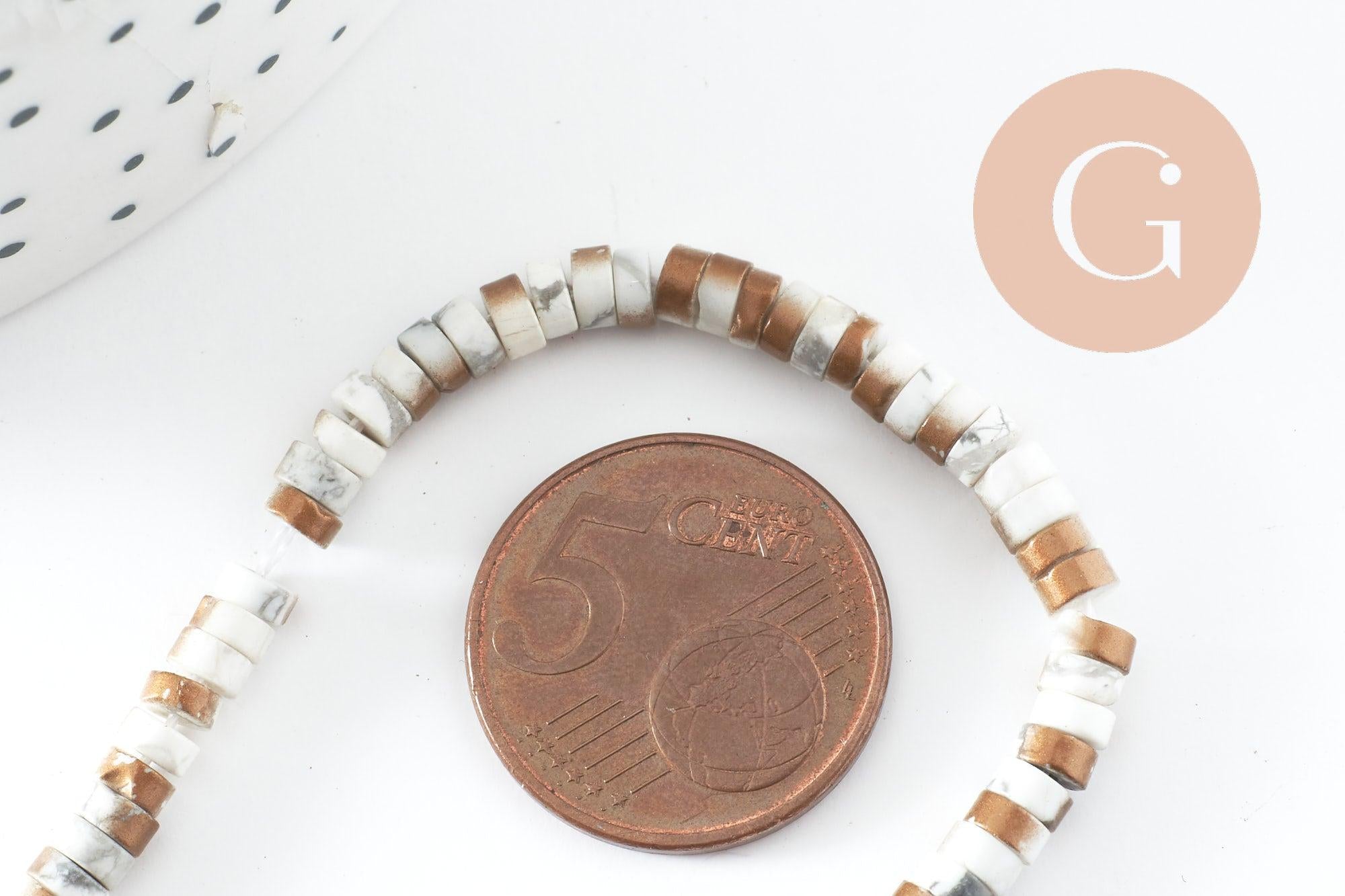 Perle rondelle howlite naturelle blanc et or 4mm, x1 fil de 39cm (G9851)
