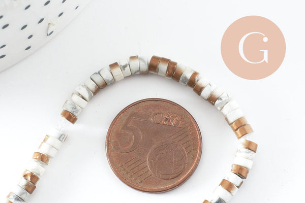 Perle rondelle howlite naturelle blanc et or 4mm, x1 fil de 39cm (G9851)