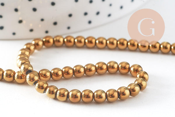 Perle rondes hématite dorée, perle pierre ,4mm,fil de 100 perles (G3655)