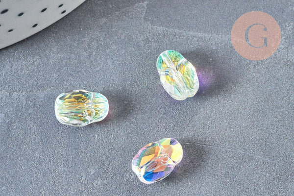 Perle scarabée verre transparent facettée cristal AB 12mm, fournitures DIY, x1 (G6833)