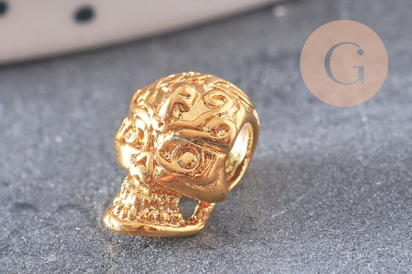Perle tête de mort laiton doré 24K 12mm x1 (G6262)