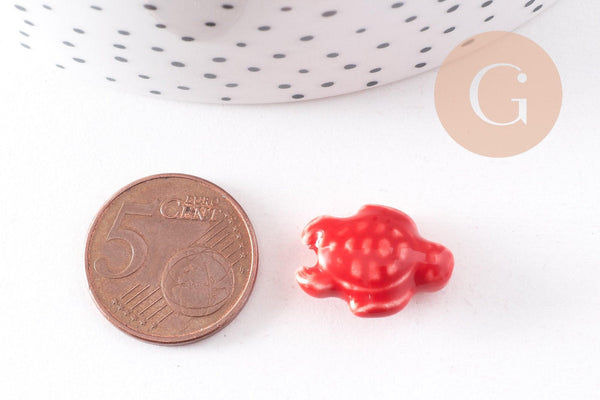 Perle tortue porcelaine rouge 12mm, perle céramique, fabrication bijoux animal, x5 G3906