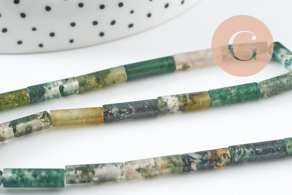 Perle tube agate mousse naturelle 13-14mm, x1 fil de 40cm (G2545)