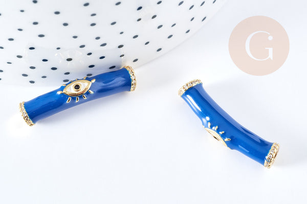 Perle tube doré talisman oeil protecteur laiton doré 18K émail bleu 32mm, x1 (G8678)