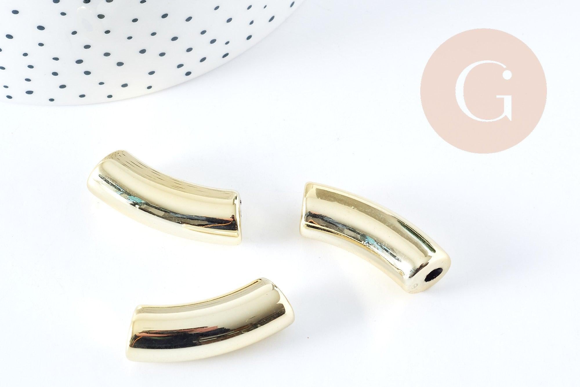 Perle tube incurvé plastique doré 33x10.5mm, perle création bijoux plastique doré,x 6 perles (G10839)