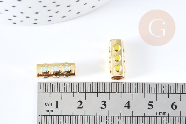 Perle tube pois doré 18K émaillé 17mm, perle dorée bijoux , x1 G8556