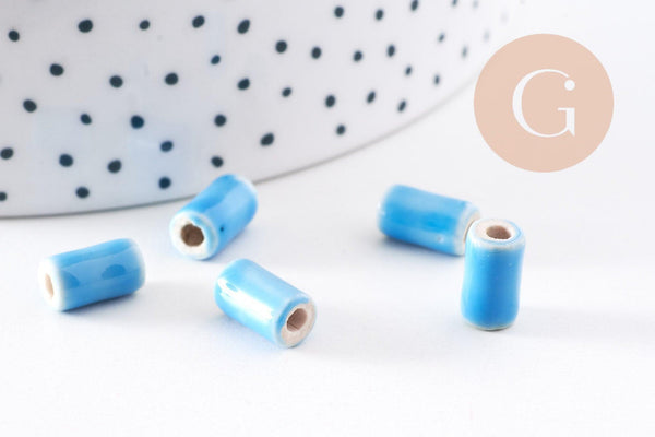 Perle tube porcelaine bleu 10mm, x5 (G2348)