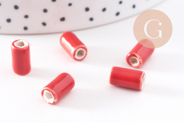 Perle tube porcelaine rouge vif 10mm, x5 (G2352)