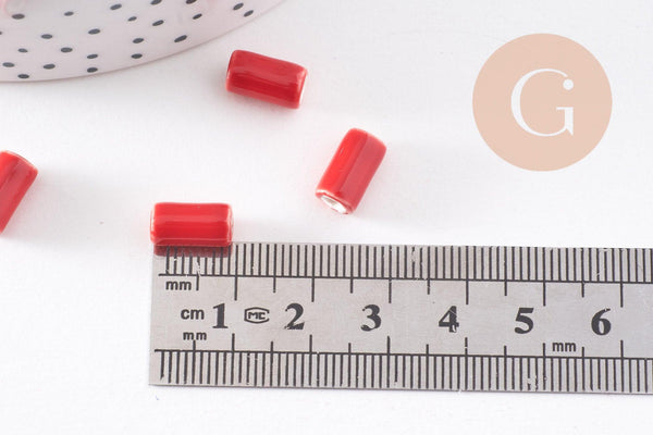 Perle tube porcelaine rouge vif 10mm, x5 (G2352)
