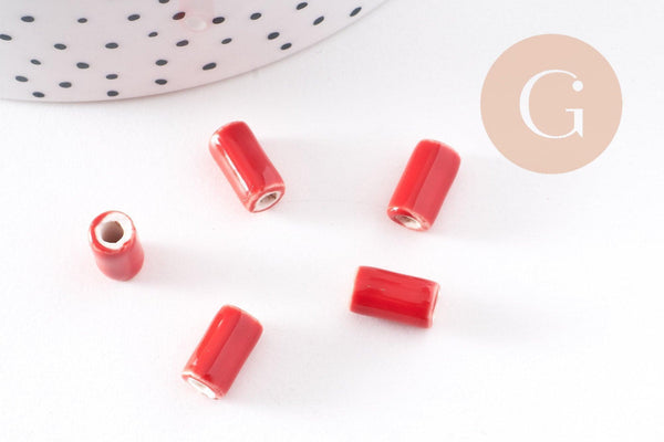 Perle tube porcelaine rouge vif 10mm, x5 (G2352)
