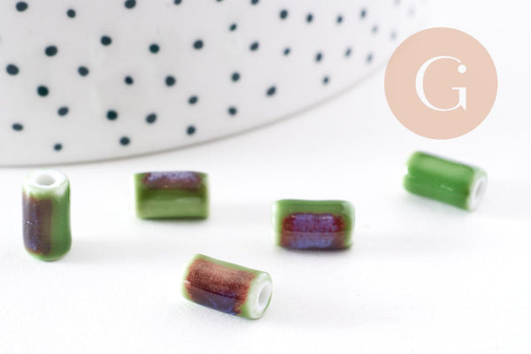 Perle tube porcelaine vert 10mm, x5 (G5396)