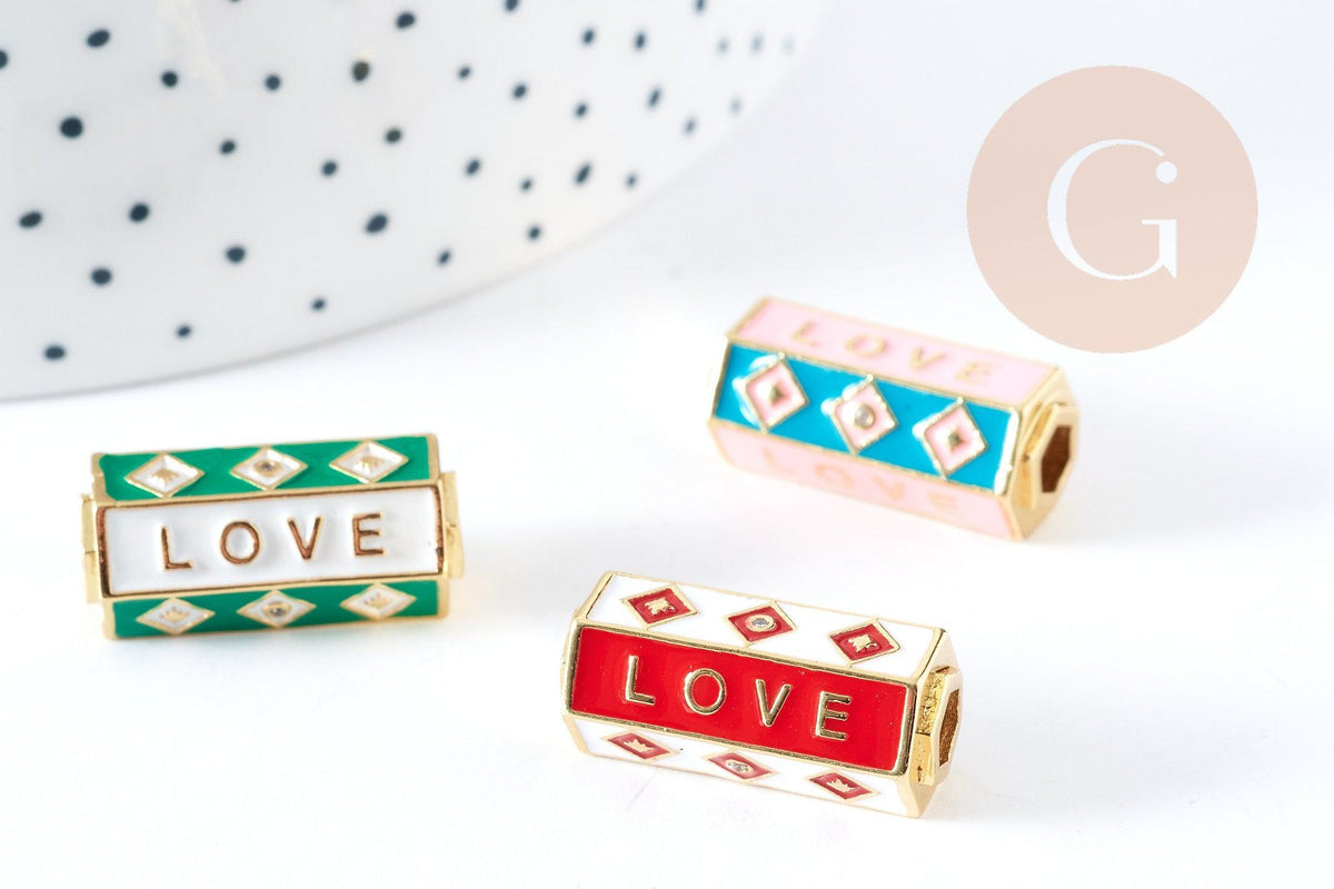 Perle tube talisman LOVE émail coloré laiton doré 22mm, perle dorée bijoux chance, x1 G9062