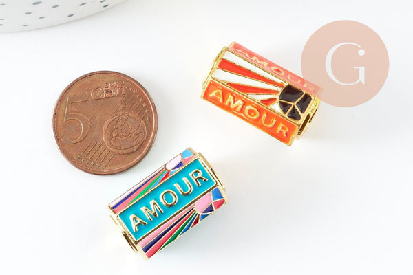 Perle tube talisman message "AMOUR" émail coloré laiton doré 22mm, x1 (G9416)