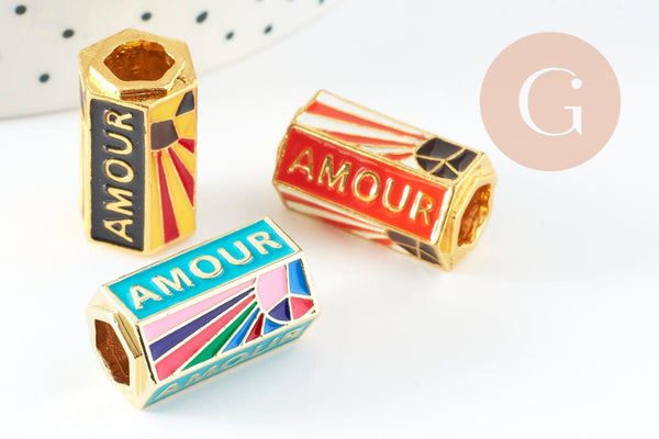 Perle tube talisman message "AMOUR" émail coloré laiton doré 22mm, x1 (G9416)
