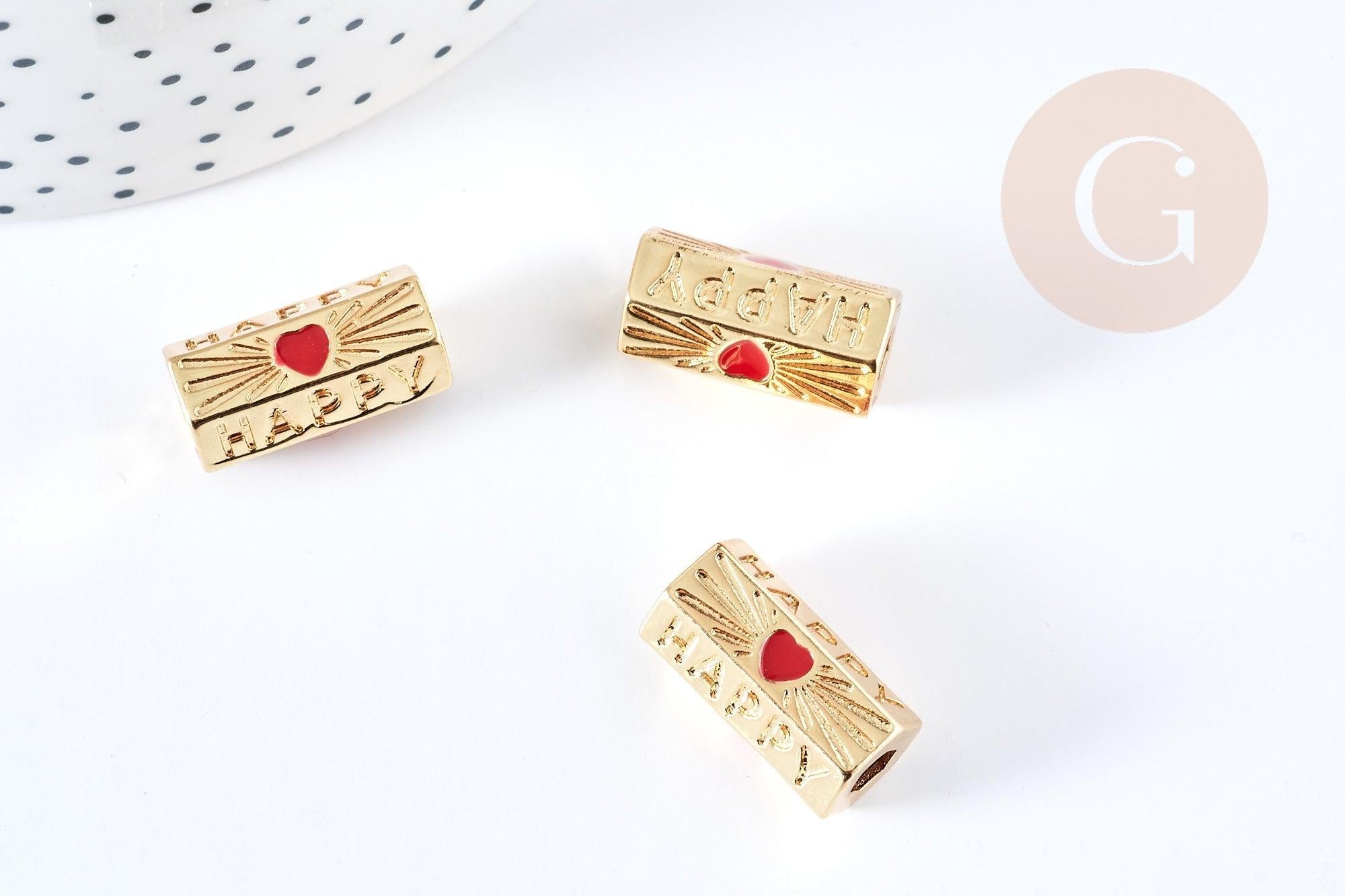 Perle tube talisman message HAPPY doré couleur rouge 21mm, perle dorée bijoux amour, x1 G7671